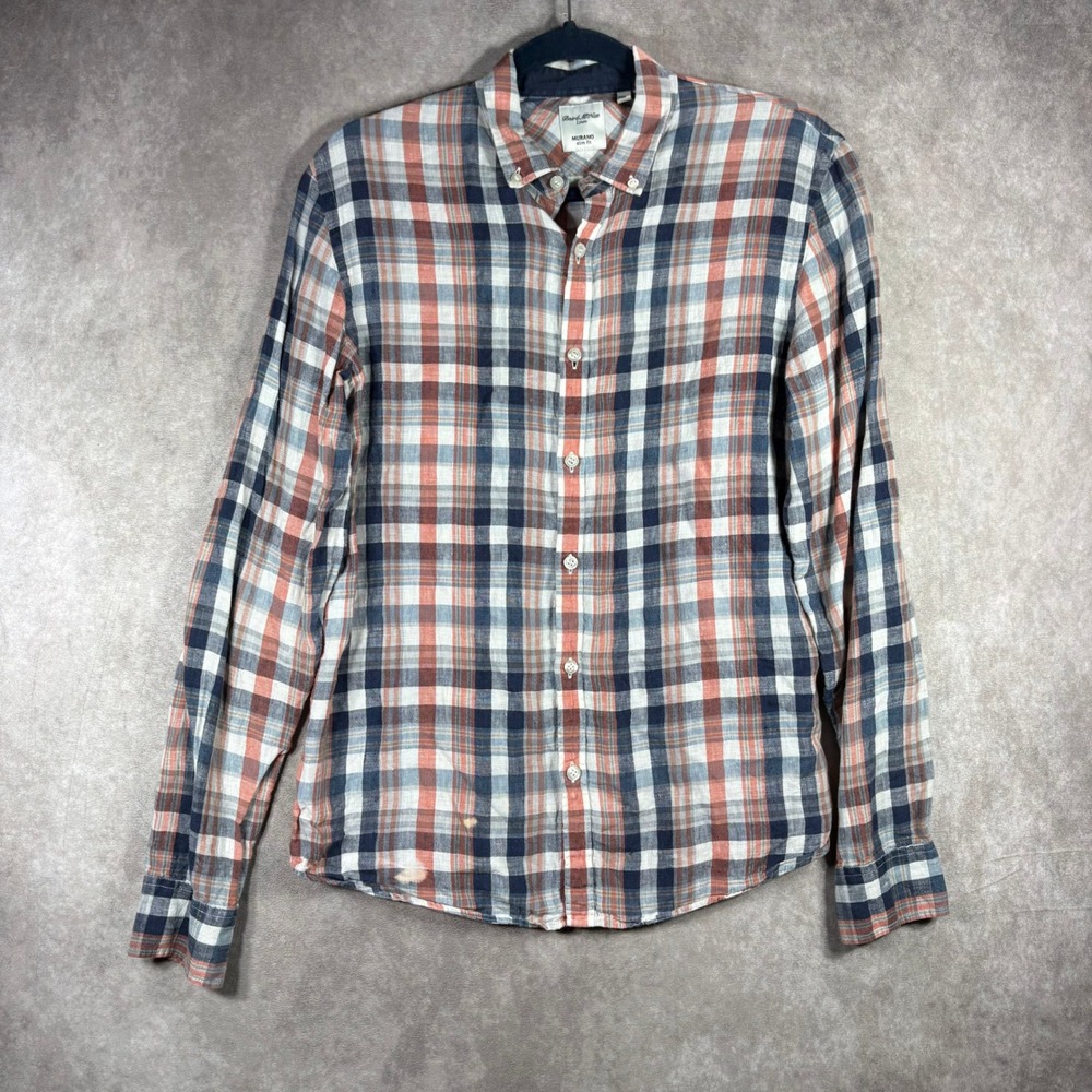 Baird McNutt Murano Button Down Shirt Mens M Blue Linen Slim Fit Plaid Casual